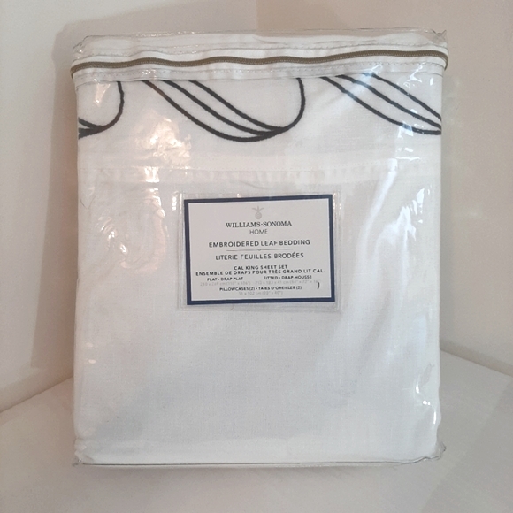 ***Williams Sonoma Linen Embroidered Leaf California King Sheet Set